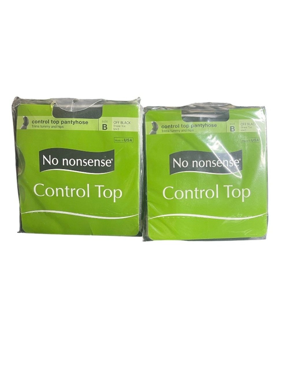 2 Pairs No Nonsense Control Top Pantyhose Off Black Size B Sheer Toe M43